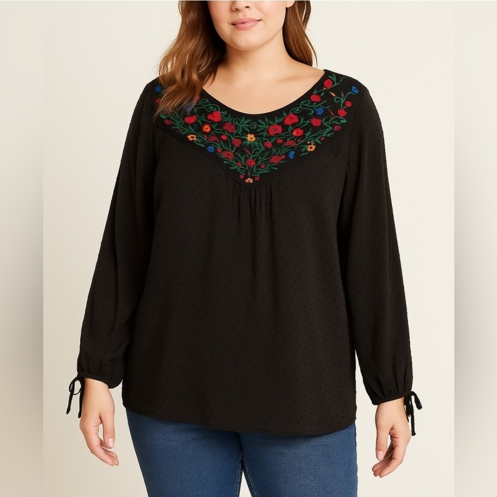 Torrid Black Blouse with Colorful Embroidery